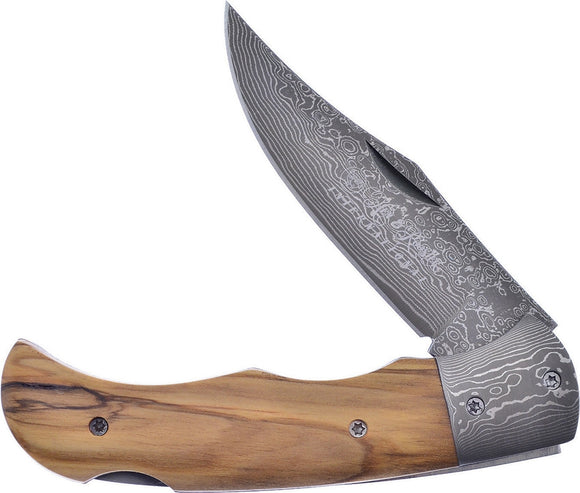 Hen & Rooster Lockback Olive Wood Damascus Steel Folding Knife 10OW