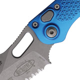 Microtech Automatic Stitch Knife Button Lock Blue Aluminum Apocalyptic Serrated Blade 16911APBL