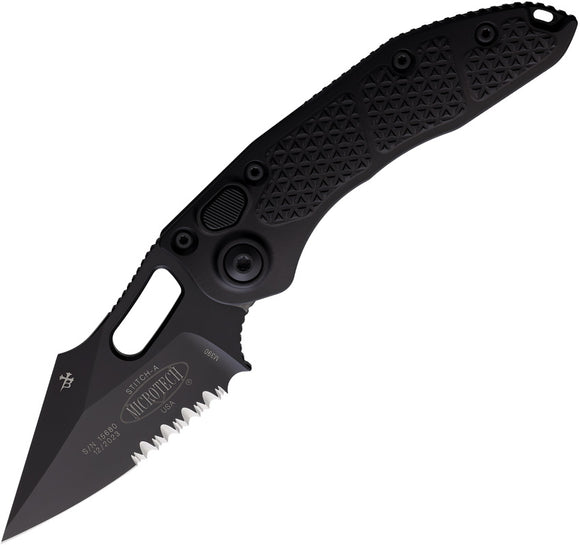 Microtech Automatic Stitch Knife Button Lock Blackout Aluminum Partially Serrated Blade 1692T