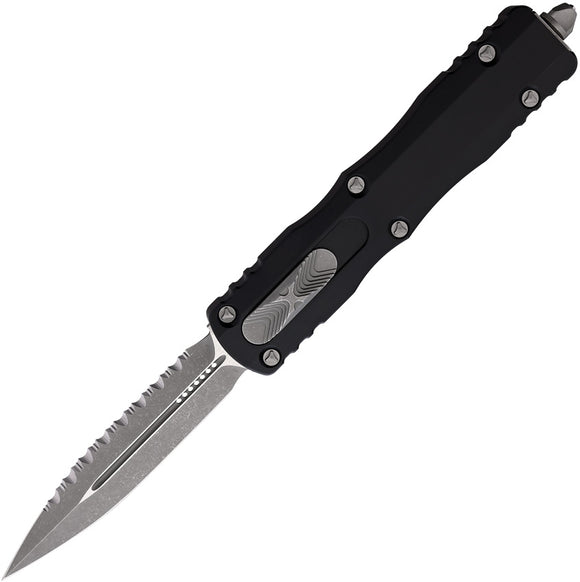 Microtech Automatic Dirac Delta Knife OTF Black Aluminum Apocalyptic Serrated Double Edge Blade 22712AP
