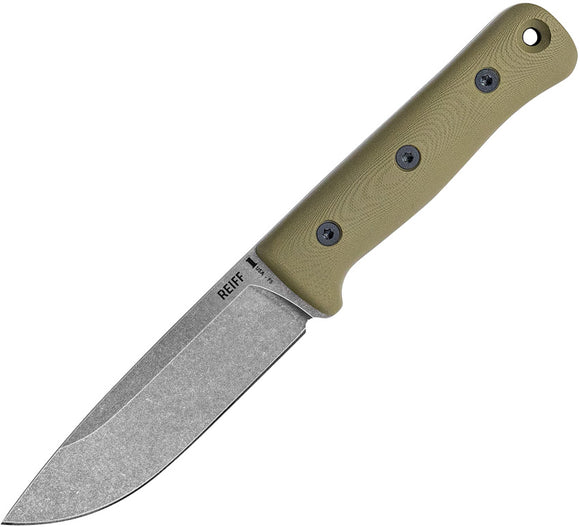 Reiff Knives F5 Survival OD Green G10 CPM-3V Carbon Steel Fixed Blade Knife w/ Leather Sheath F5011ODGL