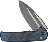 We Knife Sylox Button Lock Blue Titanium & Shredded Carbon Fiber Folding M390 Knife 240272