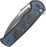We Knife Sylox Button Lock Blue Titanium & Shredded Carbon Fiber Folding M390 Knife 240272