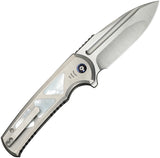 We Knife Sylox Button Lock Gray Titanium & Mother of Pearl Folding M390 Knife 240274