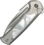 We Knife Sylox Button Lock Gray Titanium & Mother of Pearl Folding M390 Knife 240274