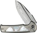 We Knife Sylox Button Lock Titanium & Mother of Pearl Folding Damasteel Knife 24027DS1