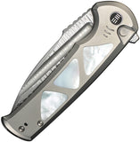 We Knife Sylox Button Lock Titanium & Mother of Pearl Folding Damasteel Knife 24027DS1