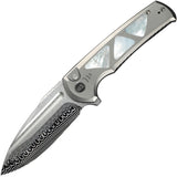 We Knife Sylox Button Lock Titanium & Mother of Pearl Folding Damasteel Knife 24027DS1