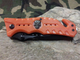 8" Master Pocket Knife Assisted Open Orange Rescue Skull Medallion - A010OR