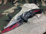 Dark Side Folding Fantasy Knife  A/O Plain Flame Skull Silver & Red 5" A034RD