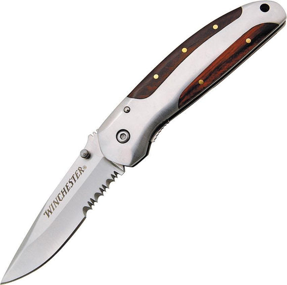Winchester Stainless & Wood Handle Linerlock Folding Serrated Blade Knife