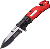 Tac Force Red Firefighter Rescue Folding Pocket Knife  W/ LED 1/2 Serrated - 835FD