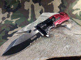 Tac Force Red Firefighter Rescue Folding Pocket Knife  W/ LED 1/2 Serrated - 835FD