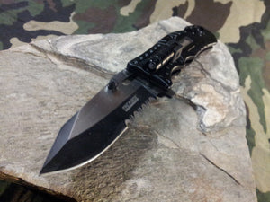 Tac Force Black Sheriff Rescue Folding Pocket Knife  W/ LED 1/2 Serrated - 835SH