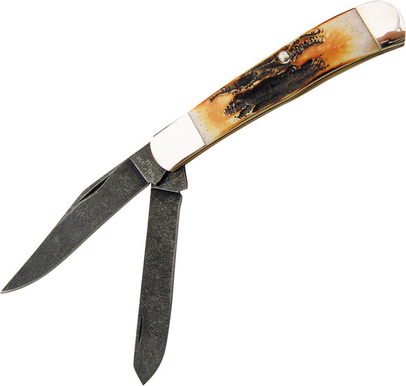 Bear & Son Trapper Stag Bone Folding Damascus Pocket Knife 554d