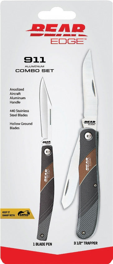 Bear Edge 911 2pc Black/Red Aluminum Folding 440 Stainless Knife Combo Set 71911