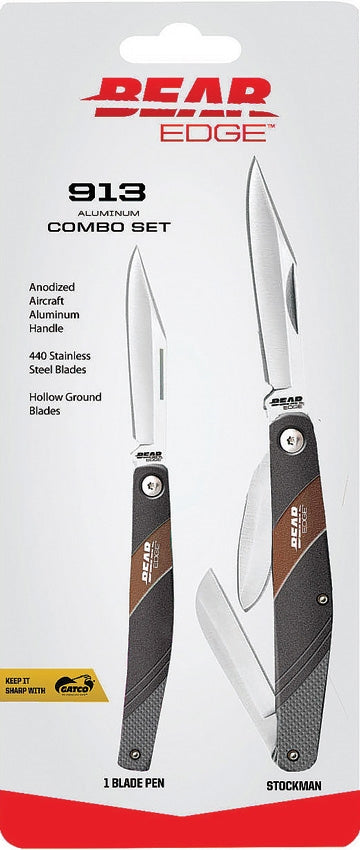 Bear Edge 913 2pc Black/Red Aluminum Folding 440 Stainless Knife Combo Set 71913