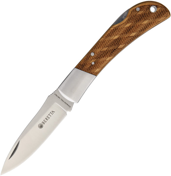 Beretta Brown Checkered Wood Lockback 440 Stainless Folding Knife 125IOLP