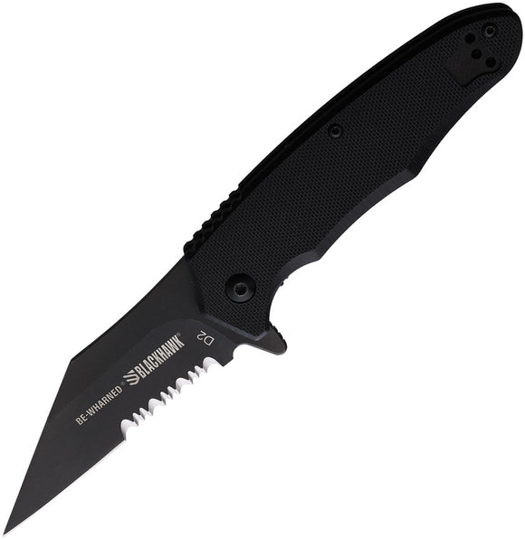 Blackhawk Be-Wharned Linerlock A/O Black G10 Folding D2 Serrated Knife 15BW211BK