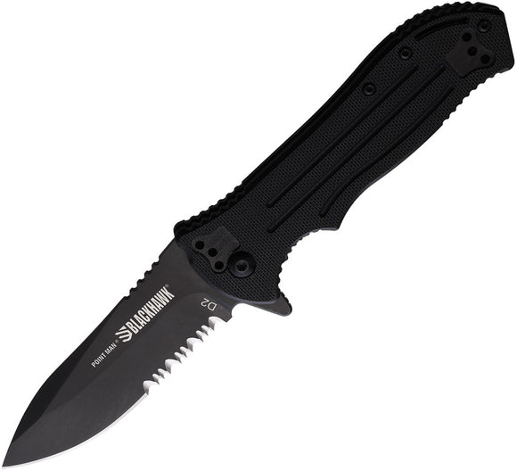 Blackhawk Point Man Linerlock A/O Black G10 Folding D2 Serrated Knife 15PM211BK
