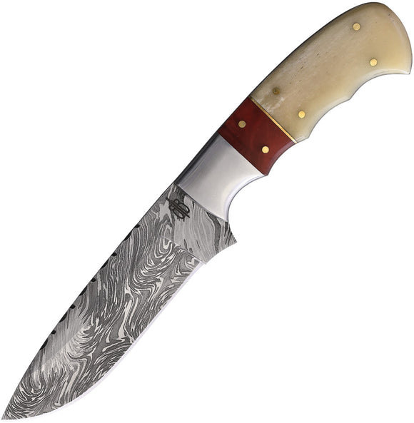 BucknBear Red Knife Hunter Fixed Blade Knife White Bone Damascus Clip Pt 02129