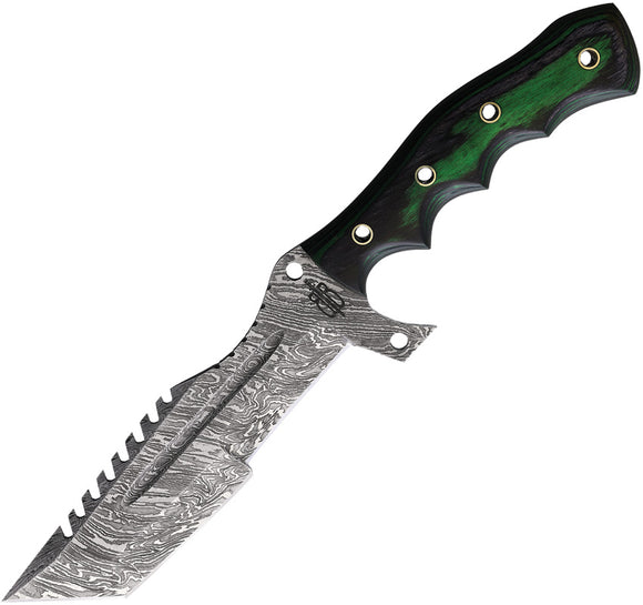 BucknBear Hulk Tanto Tracker Green Burl Wood Damascus Fixed Blade Knife 1227TT
