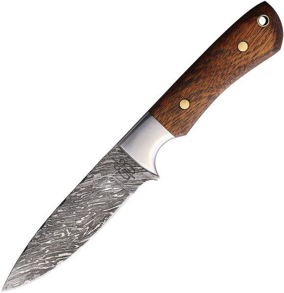 BucknBear Classic Hunter Brown Wood Damascus Fixed Blade Knife w/ Sheath 137198