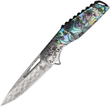 BucknBear Linerlock Pocket Knife Abalone Folding Damascus Blade w/ Sheath 1991A
