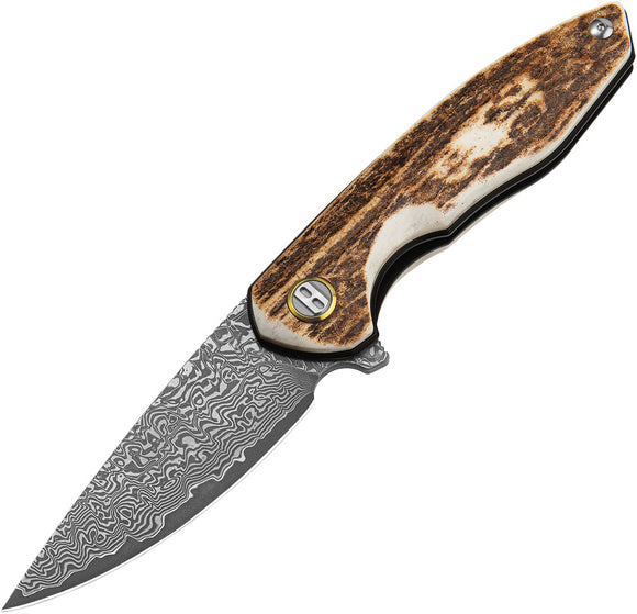 Bestech Knives Bambi Linerlock Stag Horn Folding Damascus Pocket Knife KL08G
