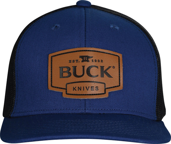 Buck Brown Leather Knife Logo Patch Blue & Black Adjustable Strap Trucker's Hat 89159