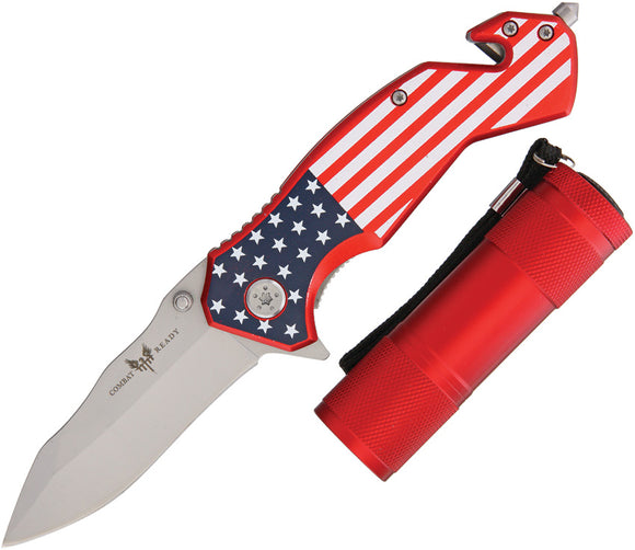 Combat Ready 2pc American USA Flag Linerlock Rescue Knife & Flashlight Set 344