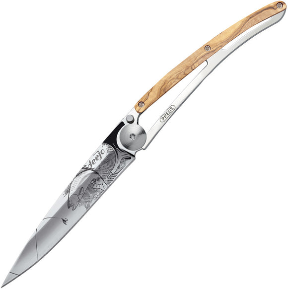 Deejo Tattoo Linerlock 37g Trout Design Olive Wood Folding Pocket Knife 1AB109