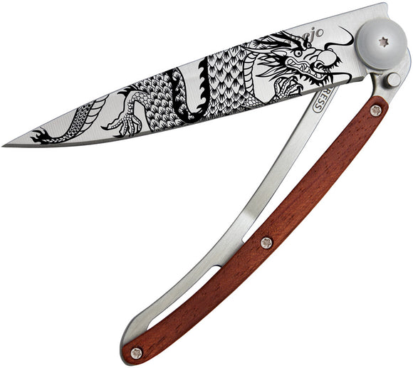Deejo 37g Tattoo Linerlock Dragon Design Coralwood Folding Pocket Knife 1CB076