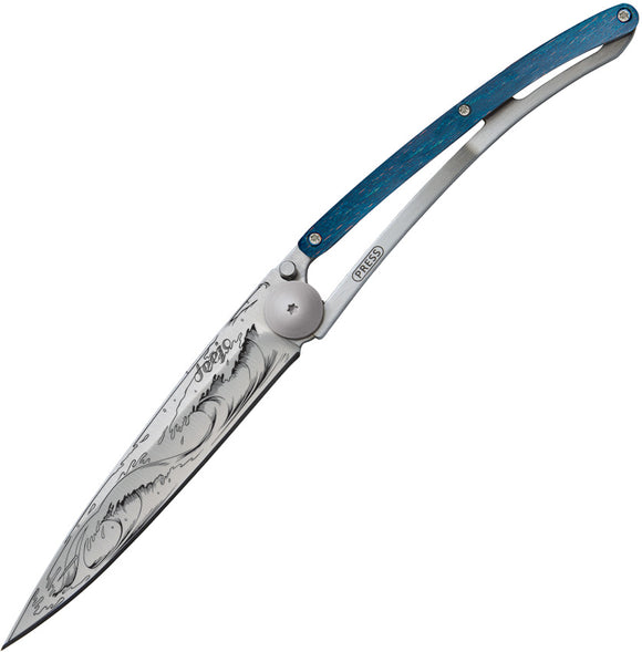Deejo Tattoo Linerlock 37g Wave Design Blue Beech Wood Folding Pocket Knife 1CB081