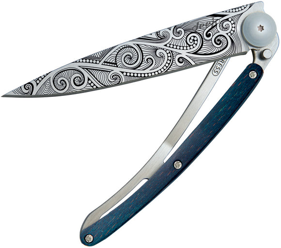Deejo Tattoo Linerlock 37g Pacific Design Blue Beech Wood Folding Pocket Knife 1CB083