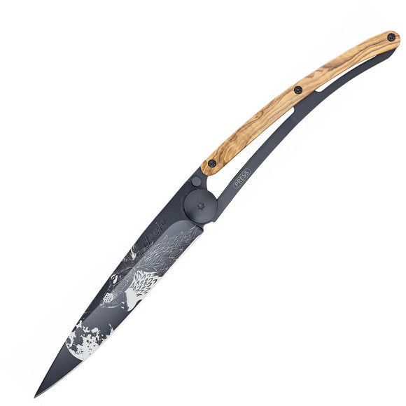 Deejo Wolf Tattoo Black Titanium Linerlock 37g Olive Wood Folding Knife 1GB135