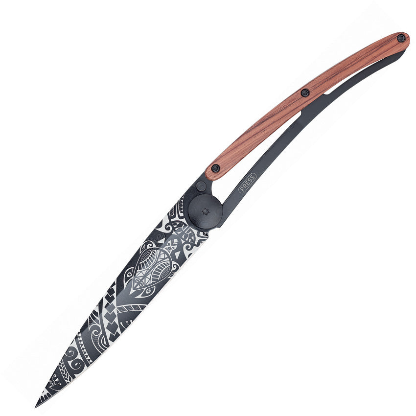 Deejo Polynesian Tattoo Black Titanium Linerlock 37g Coralwood