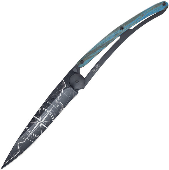 Deejo Terra Tattoo Black Titanium Linerlock 37g Blue Beechwood Knife 1GB144