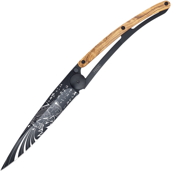Deejo Tattoo Linerlock 37g Samurai Design Olive Wood Folding Pocket Knife 1GB166