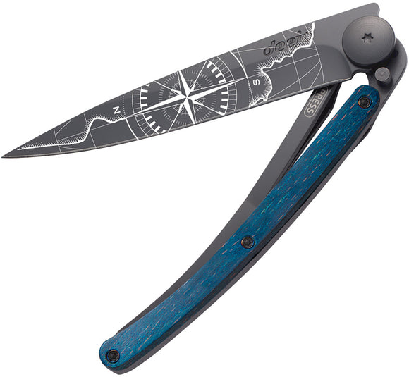 Deejo Tattoo Linerlock 37g Terra Incognita Design Blue Beech Wood Folding Knife 1GB169
