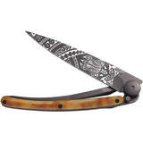 Deejo Tattoo Linerlock 37g Polynesian Design Faux Tortoise Shell Folding Pocket Knife 1GC206