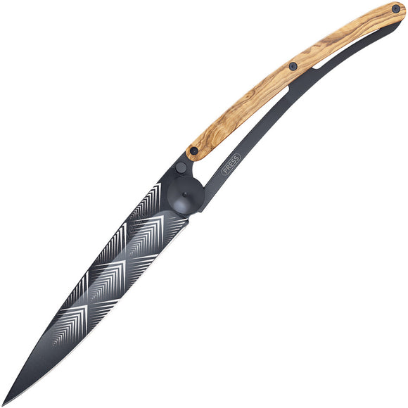 Deejo Giant 390g Black Linerlock Olive Wood Art Deco Tattoo Folding Knife 3GB105