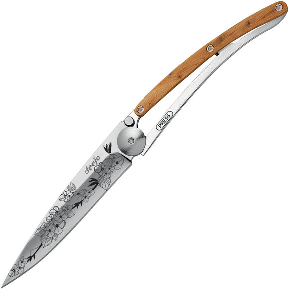 Deejo 27g Linerlock Cherry Blossom Tattoo Folding Blade Wood Handle Knife 9AB022
