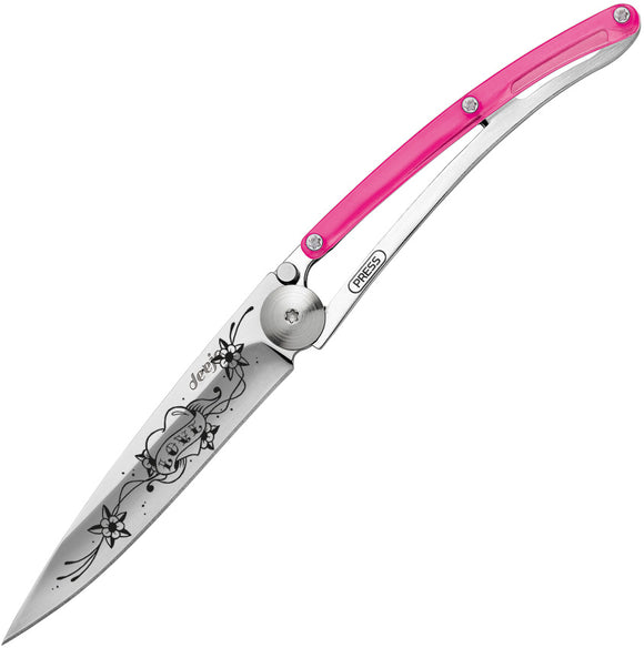 Deejo 27g Pink Handle Love Tattoo Folding Stainless Mirror Blade Knife 9AP025