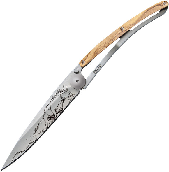 Deejo 27g Tattoo Linerlock Bull Design Olive Wood Folding Pocket Knife 9CB106