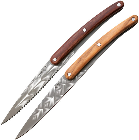 Deejo Pairing Set Art Deco Coral & Olive Wood 2Cr13 Fixed Blade Knife Set CFB101