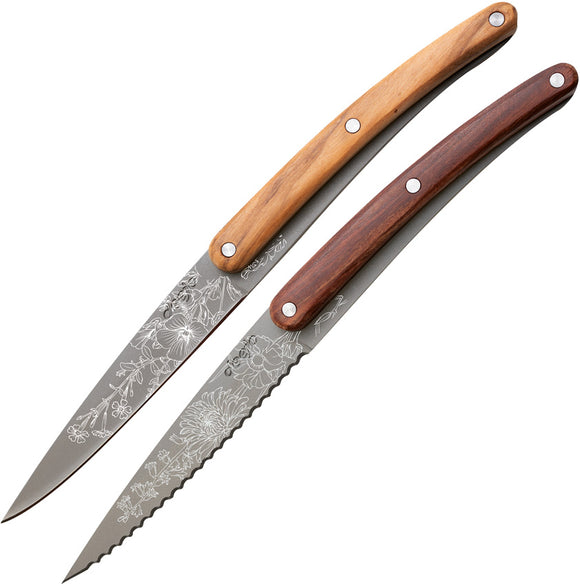 Deejo Pairing Set Blossom Coral & Olive Wood 2Cr13 Fixed Blade Knife Set CFB102
