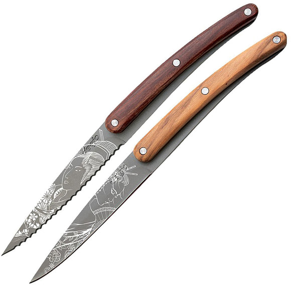 Deejo Pairing Set Japanese Coral & Olive Wood 2CR14 Fixed Blade Knife Set CFB103
