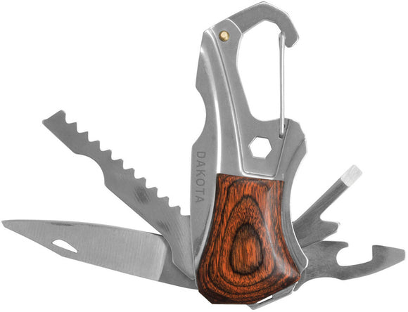 Dakota Brown Wood Handle Carabiner Knife Screwdriver Wrench Multi-Tool  9116
