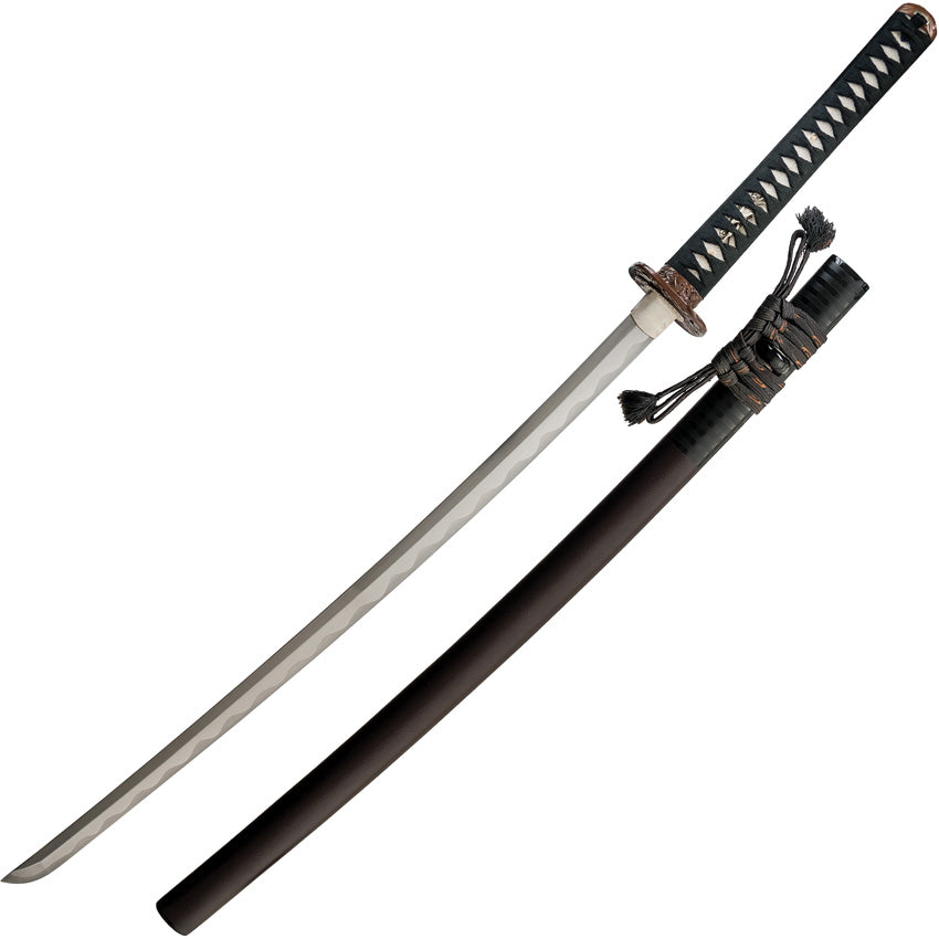 Dragon King Pine Crane Katana Black Cord Wrapped Steel Sword w